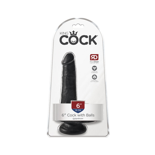 King Cock 6"- 15 cm Cock with Balls Black Realistic Dildo Box