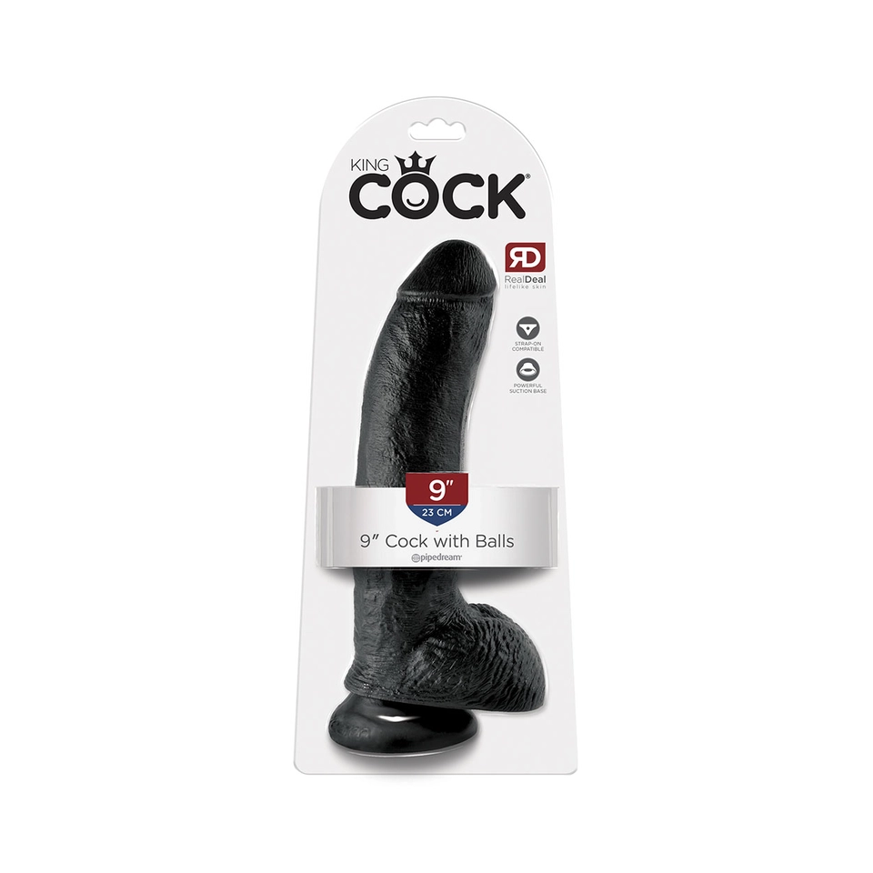 King Cock 9" - 23 cm Cock with Balls Piel Negra Consolador Realístico Caja