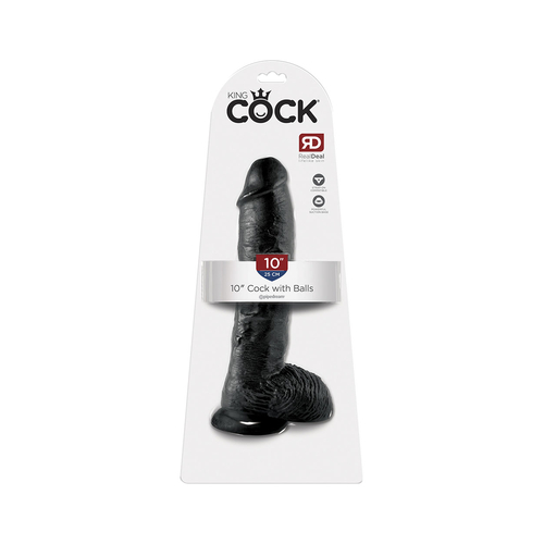 King Cock 10"- 25 cm Cock with Balls Black Realistic Dildo Box