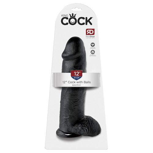 King Cock 12"- 31 cm Cock with Balls Black Realistic Dildo Box