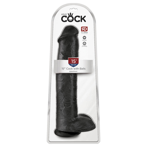 King Cock 15" - 38 cm Cock with Balls Pelle Nera Fallo Realistico Confezione
